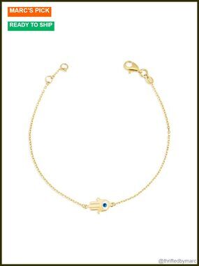 14K Yellow Gold Hamsa Hand Eye Enamel Bracelet 7" Protection Jewelry